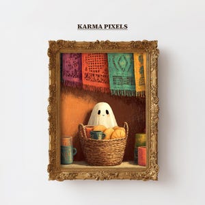 May include: A framed artwork featuring a friendly ghost inside a basket with oranges and mugs. Colorful textiles hang in the background. The frame is ornate gold, and the text "KARMA PIXELS" is at the top.