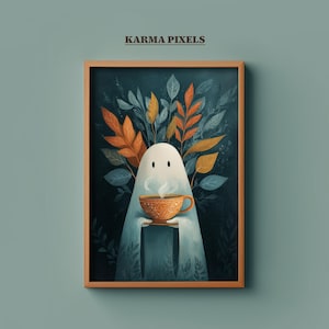 Halloween Ghost Print | Talavera Mug And Fall Leafs | Mexican Kitchen Decor | Mexican Café de Olla Coffee Art | Halloween Printable | #WA112