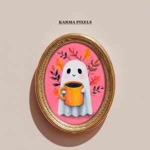 Cozy Halloween Ghost Print | Talavera Mug | Fall Leafs Background | Mexican Kitchen Decor | Digital Printable | #WA114