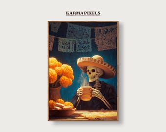 Skeleton Cafecito Print | Mexican Café de Olla Coffee Art | Skeleton With Pan Dulce | Mexican Kitchen Wall Decor | Halloween Art | #WA28