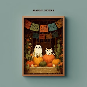 Ghost and Cats Carving Pumpkins Print | Mexican Papel Picado Fall Wall Art | Día de los Muertos Halloween Harvest Printable Decor | #WA37