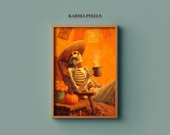 Skeleton Chilling Print | Mexican Café de Olla Coffee Art | Skeleton With Concha | Mexican Kitchen Wall Decor | Halloween Art | #WA56