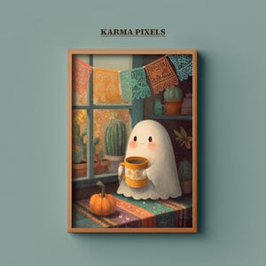 Ghost Smiling Print | Mexican Café de Olla Coffee Art | Ghost Holding Coffee | Mexican Kitchen Wall Decor | Halloween Printable | #WA52