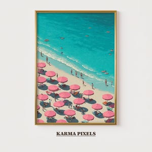 Beach Pink Umbrellas Poster | Pastel Coastal Wall Art | Vintage Summer Aesthetic Print for Bathroom or Bedroom | Digital Download | #WA7