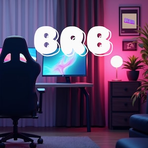 May include: A black gaming chair with a high back and adjustable arms sits in front of a computer monitor with a pink and blue abstract design. The monitor is on a desk with a wooden top and black legs. The room is lit with pink and blue lights, and there is a small lamp on a wooden dresser in the background. The text "BRB" is written in white letters on a pink background.