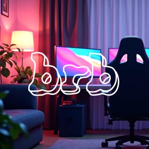 Può includere: Un'impostazione di gioco con una sedia da gioco nera, due monitor e una scrivania. La stanza è illuminata con illuminazione ambientale rossa e viola. La parola "brb" è scritta in testo bianco stilizzato.