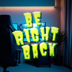 以下が含まれることがあります： 黒い椅子、机、モニターを備えたゲーム設定。 「BE RIGHT BACK」の文字が光るネオンの緑色のフォントで表示され、一時的な不在を示唆しています。 右側には植物があり、自然な雰囲気を添えています。