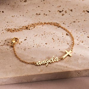 Personalized Name Bracelet with Cross, Custom Name Cross Bracelet,  Christian Jewelry for Women, Communion Gifts, Baptism Day Gift for Her