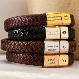 Custom Engraved Name Bracelet, Men Leather Bracelet with Kids Name, Family Jewelry, Ideal Father Gift for Daddy, Husband Birthday Gift