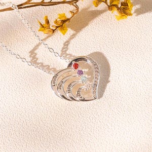 Family Name Necklace with Birthstone, Personalized Birthstone Heart Jewelry,  Names & Stones Pendant, Birthday Gift for Mom, Nanny