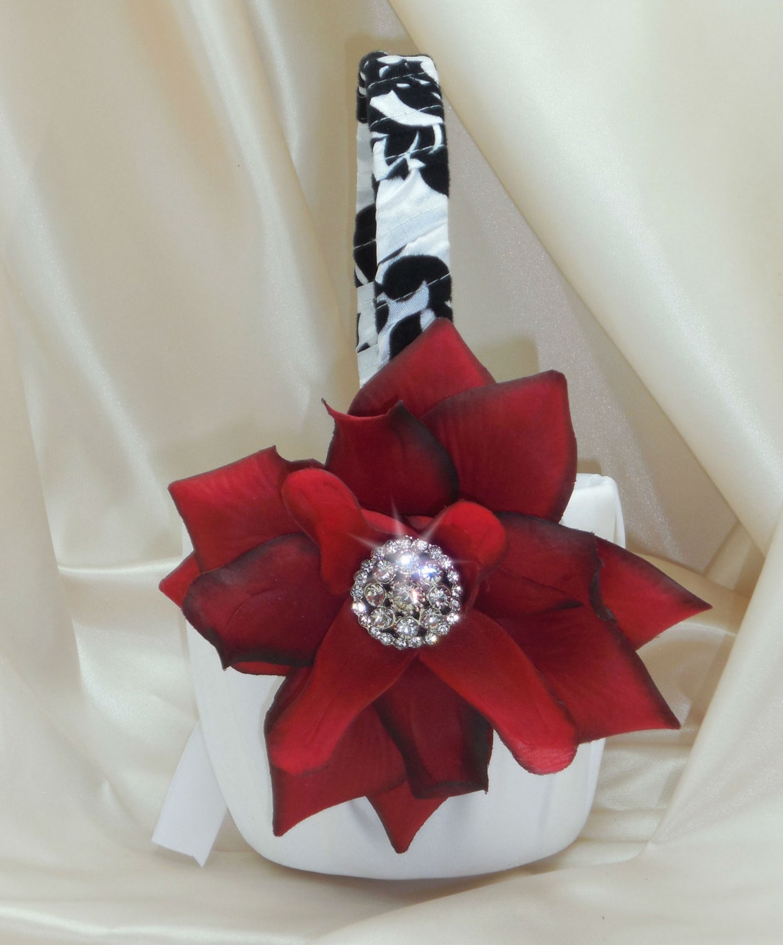 Large Black and White Deep Red Damask Flower Girl Basket Etsy