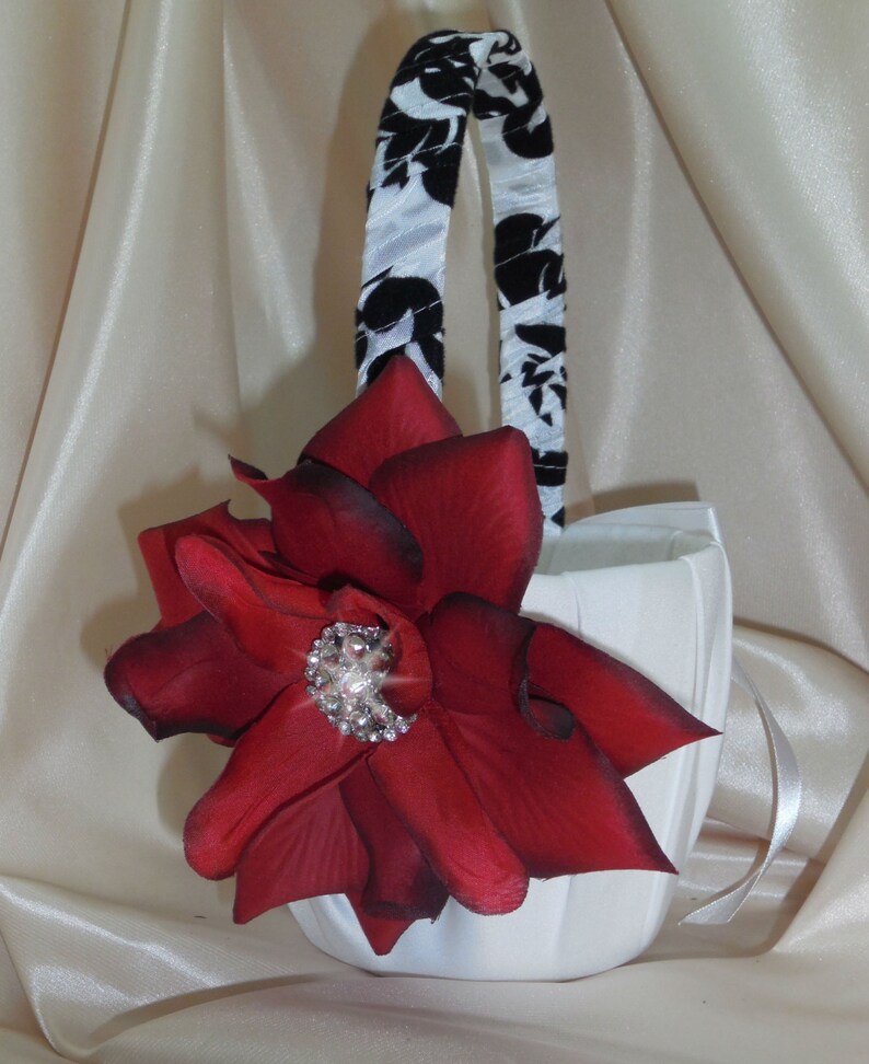 Large Black and White Deep Red Damask Flower Girl Basket Etsy