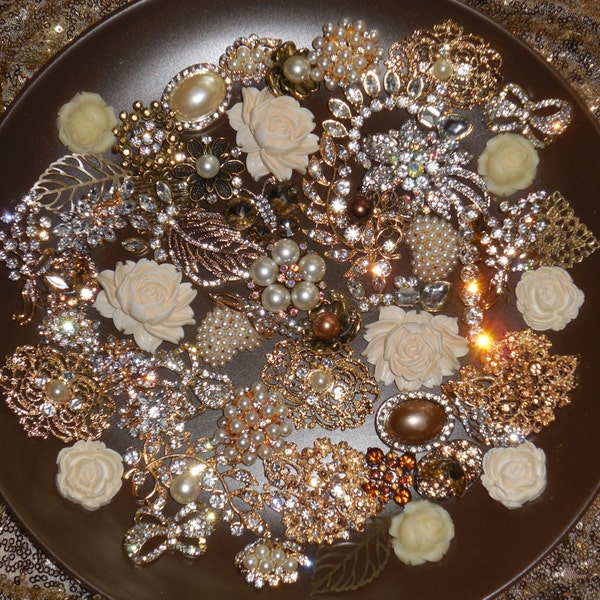 50 Brooch Bouquet Rhinestone Supplies Kit DIY Gold and Ivory