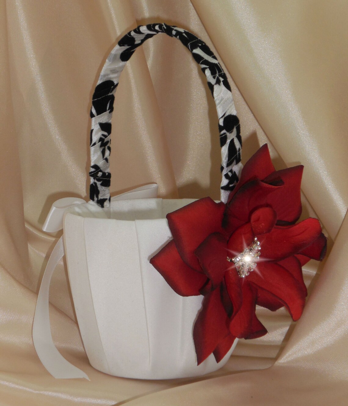 Large Black and White Deep Red Damask Flower Girl Basket Etsy