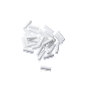 May include: A pile of white cigarette filters, also known as cigarette tips, are scattered on a white background.