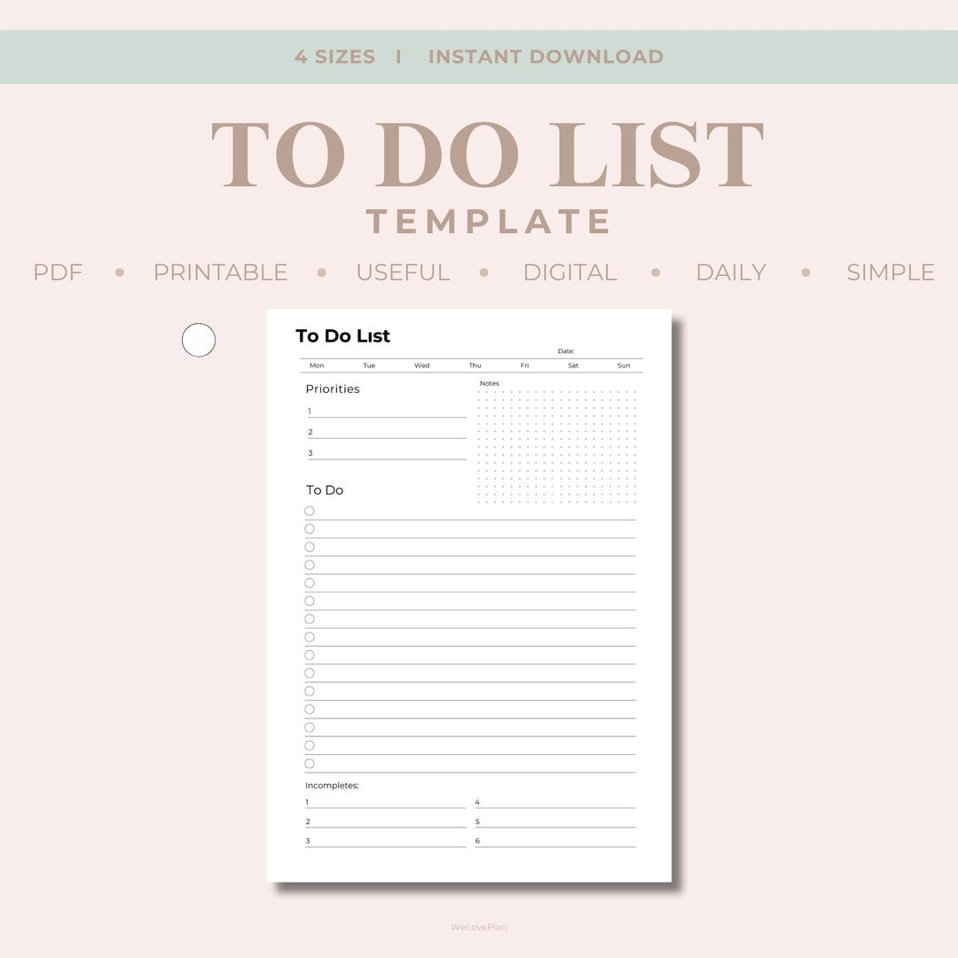 Printable to Do List Template,daily Task List Pdf,minimal Daily Planner ...