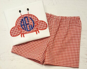 Gingham Shorts Crab Beach Outfit Monogrammed Crab Outfit Crab Shirt Boy Summer Outfit Gingham Crab Applique Red Gingham Shorts