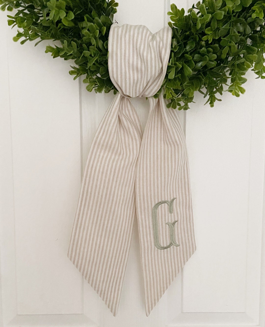 Monogrammed Khaki Striped Sash - Customized Wreath Sash - Tan Initial Wreath Sash - Personalized Gift - Wedding Shower Gift
