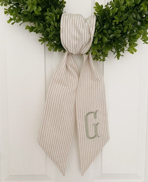 Monogrammed Khaki Striped Sash - Customized Wreath Sash - Tan Initial Wreath Sash - Personalized Gift - Wedding Shower Gift