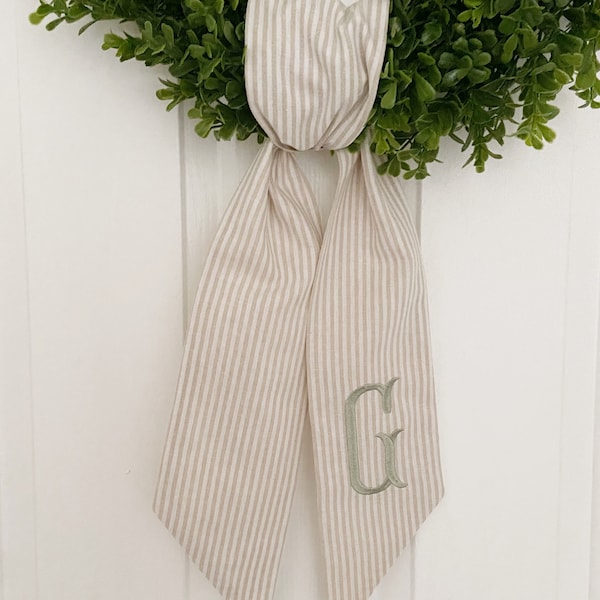 Monogrammed Khaki Striped Sash - Customized Wreath Sash - Tan Initial Wreath Sash - Personalized Gift - Wedding Shower Gift
