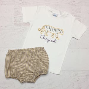 Tiger Diaper Cover Set - Vintage Embroidered Tiger Shirt - Purple and Gold Plaid Bloomers - Football Themed Outfit