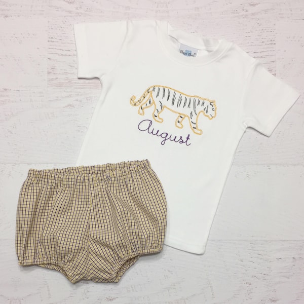 LSU Tiger Diaper Cover Set - Vintage Embroidered Tiger Shirt - Purple and Gold Plaid Bloomers - LSU Outfit - Geaux Tigers - LSU Shirt