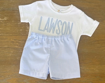 Personalized Gingham Outfit - Summer Applique Shirt - Gingham Shorts - Name Applique Shirt