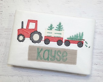 Sketch Christmas Tree Tractor Shirt - Vintage Embroidered Bodysuit - Personalized Shirt - Sketch Embroidery - Boy Christmas Shirt - Tractor