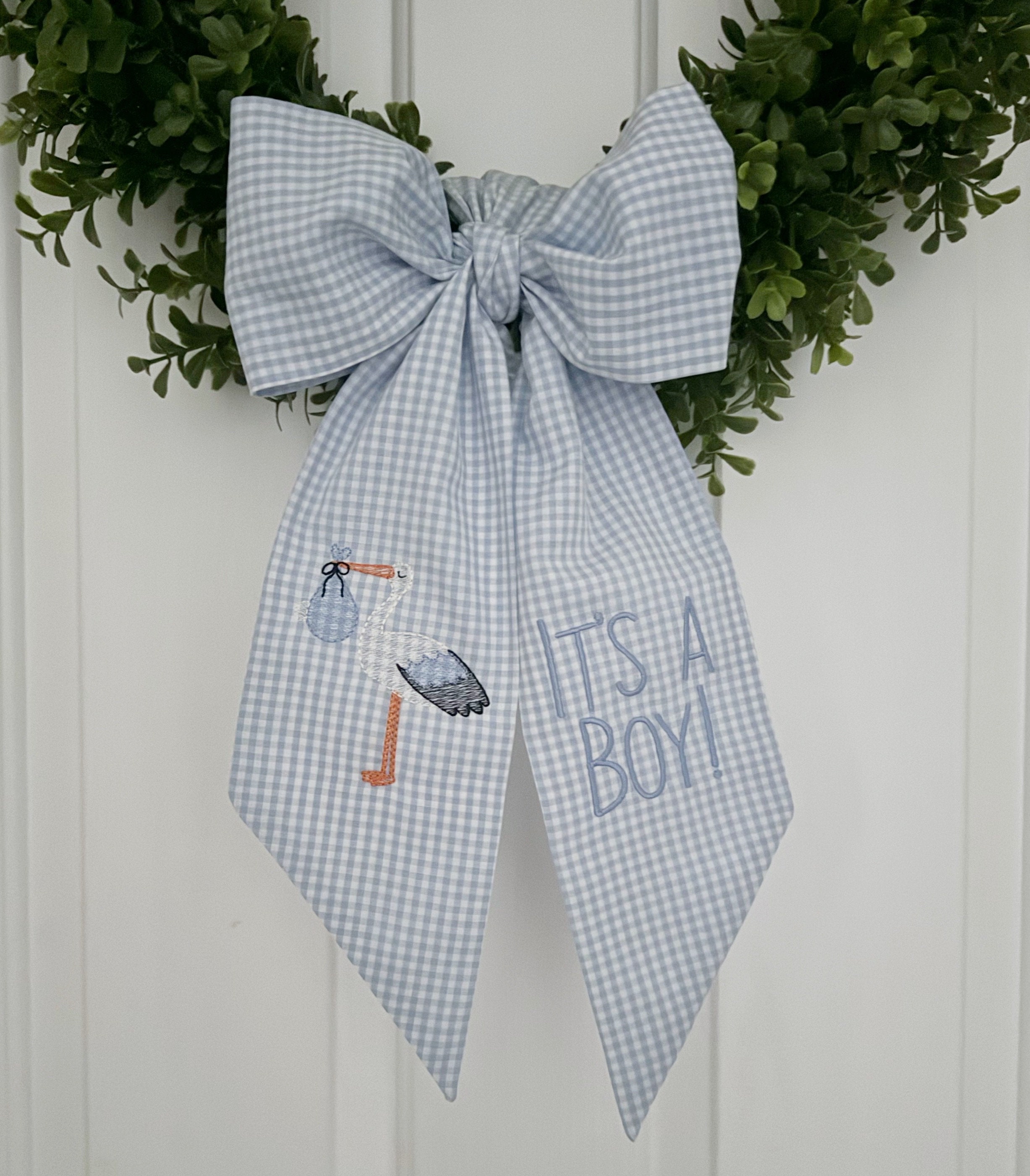 Stork Gingham Bow Wreath Sash - Customized Wreath Sash - Initial Wreath Sash - Personalized Gift - Monogrammed Gift - Baby Shower Gift