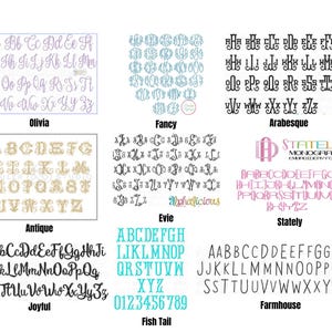 May include: A collection of monogram fonts in various styles, including Olivia, Fancy, Arabesque, Antique, Evie, Stately, Joyful, Fish Tail, and Farmhouse. Each font is displayed with the alphabet.