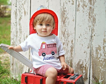 Firetruck Outfit - Firetruck Shirt - Red Gingham Shorts - Firetruck Birthday Outfit - Boy Applique Shirt - Boys Outfit - Firetruck Birthday