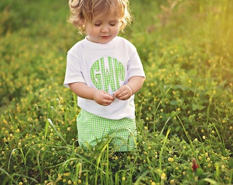 Monogrammed Gingham Outfit - Applique Monogram Shirt - Initial Shirt - Gingham Shorts - Boy Summer Outfit - Personalized Shirt
