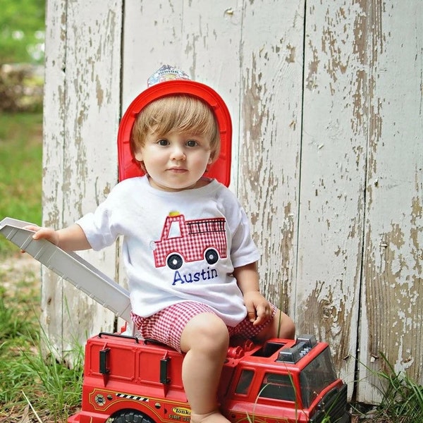 Firetruck Shirt - Applique Shirt - Fire Truck Outfit - Boy Birthday Shirt