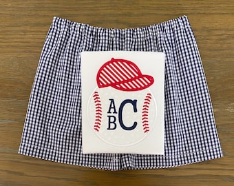 Monogrammed Baseball Outfit - Baseball Applique Shirt - Personalized Shirt - Gingham Shorts - Toddler Boy Outfit