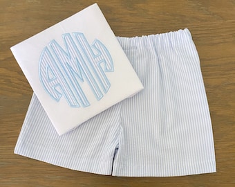 Seersucker Monogrammed Outfit- Boys Applique Shirt - Boys Summer Outfit - Seersucker Shorts - Baby Boy Seersucker - Monogrammed Shirt