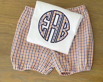 Navy & Orange Tri-check Initial Bubble Shorts Set - Auburn Outfit - Initial Applique Shirt - Bubble Shorts - Auburn Tigers - Tigers Shirt