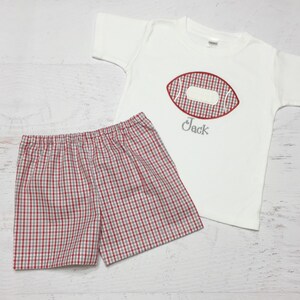 Football Appliqe Outfit - Custom Football Shorts Set - Red and Gray Tricheck Shorts - Plaid Football Outfit - Football Applique