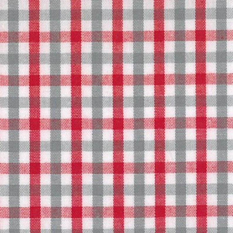 May include: Red and gray plaid fabric with a woven texture.