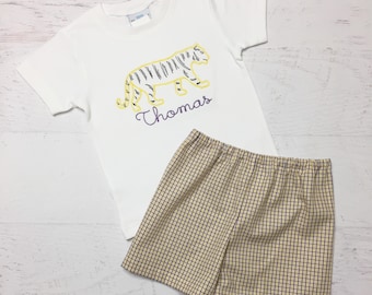 LSU Tiger Outfit - Yellow and Purple Plaid Shorts - LSU Football Shirt - Vintage Embroidered Tiger Shirt - Geaux Tigers Outfit