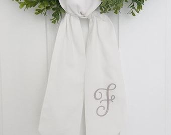 White Monogrammed Wreath Sash - Customized Wreath Sash - Tan Initial Wreath Sash - Personalized Gift - Monogrammed Gift -Wedding Shower Gift