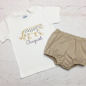 LSU Tiger Diaper Cover Set Vintage Embroidered Tiger Shirt Purple and Gold Plaid Bloomers LSU Outfit Geaux Tigers LSU Shirt image 2