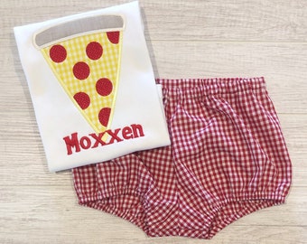 Pizza Diaper Cover Set - Pizza Party Shirt - Baby Boy Birthday Outfit - Pizza Applique Shirt - Gingham Diaper Cover