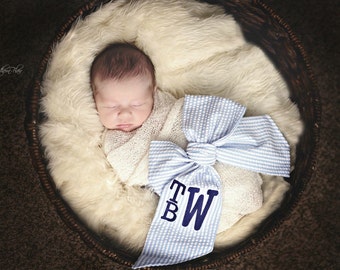 Monogrammed Seersucker Newborn Sash - Photography Prop - Newborn Photo Session - Baby Swaddle Sash - Newborn Pictures - Monogram - Baby Boy