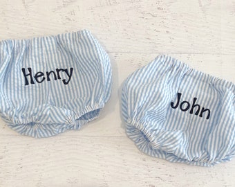 Monogrammed Seersucker Diaper Cover - Baby Boy Bloomers - Blue Seersucker Diaper Cover - Smash Cake Outfit - Baby Boy 1st Birthday