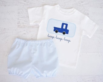 Little Blue Truck Outfit - Blue Truck Applique Shirt - Bubble Shorts - Window Pane Shorts - Boy Birthday Outfit - Little Blue Truck Birthday