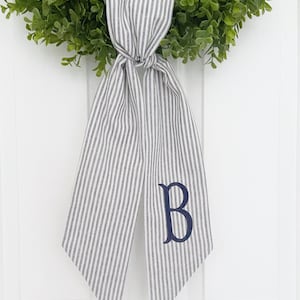 Blue Striped Monogrammed Wreath Sash - Customized Wreath Sash - Tan Initial Wreath Sash - Personalized Gift - Wedding Shower Gift
