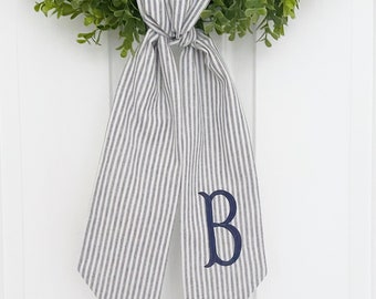 Blue Striped Monogrammed Wreath Sash - Customized Wreath Sash - Tan Initial Wreath Sash - Personalized Gift - Wedding Shower Gift