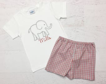 Vintage Elephant Shorts Outfit - Football Team Outfit - Football Fan Shirt - Elephant Shirt - Plaid Shorts - Embroidered Elephant