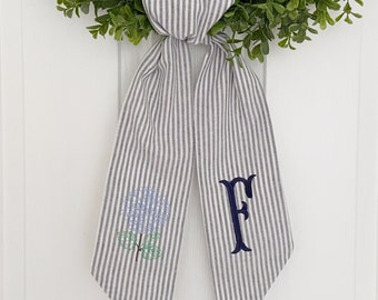 Striped Hydrangea Wreath Sash - Customized Wreath Sash - Custom Door Decor - Wreath Sash - Personalized Gift - Housewarming Gift