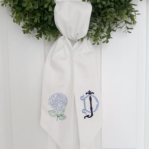 White Custom Monogram Hydrangea Wreath Sash - Customized Wreath Sash - Custom Door Decor - Wreath Sash - Personalized Gift -Monogrammed Gift